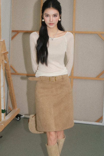 Off-White Lyocell Semi-Sheer Long-Sleeve Top and Skirt Set-Up