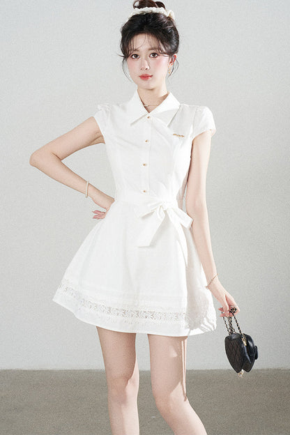 White Lace-Up Waist Puff Dress