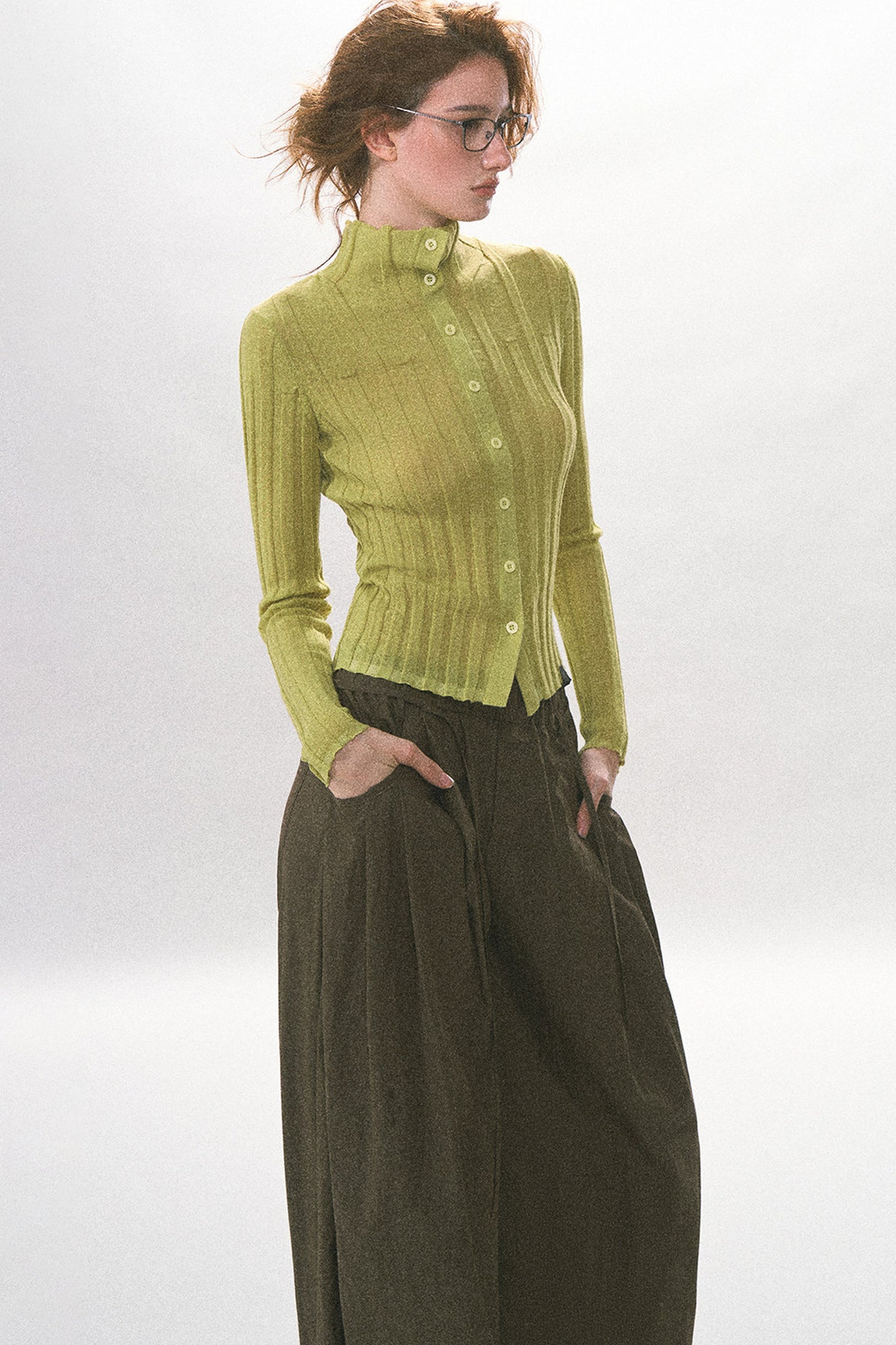 Single-Breasted Vertical Ribbed Stand Collar Knit Cardigan