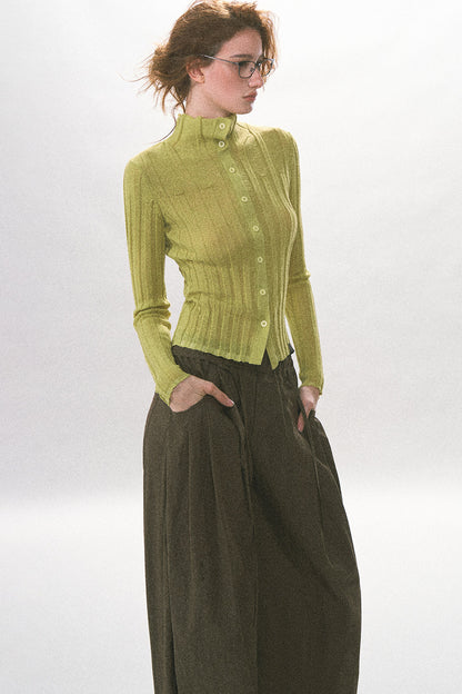 Single-Breasted Vertical Ribbed Stand Collar Knit Cardigan