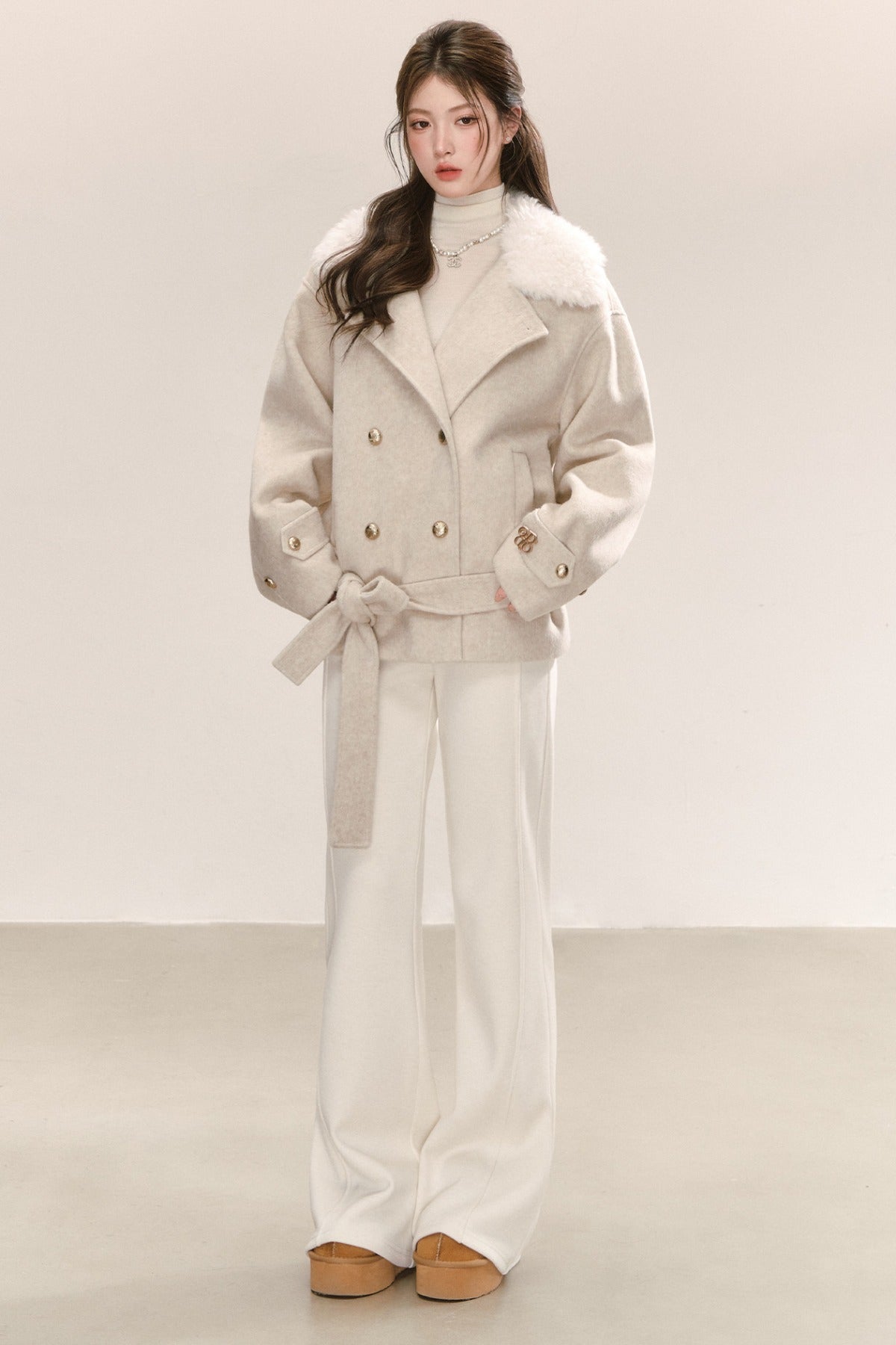 Classic Patchwork Fur Collar Woolen Coat