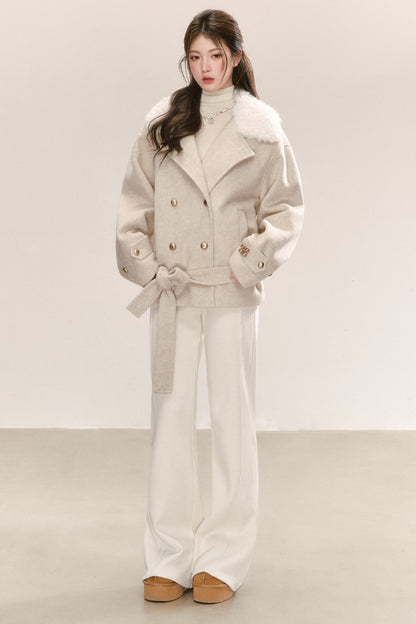 Classic Patchwork Fur Collar Woolen Coat