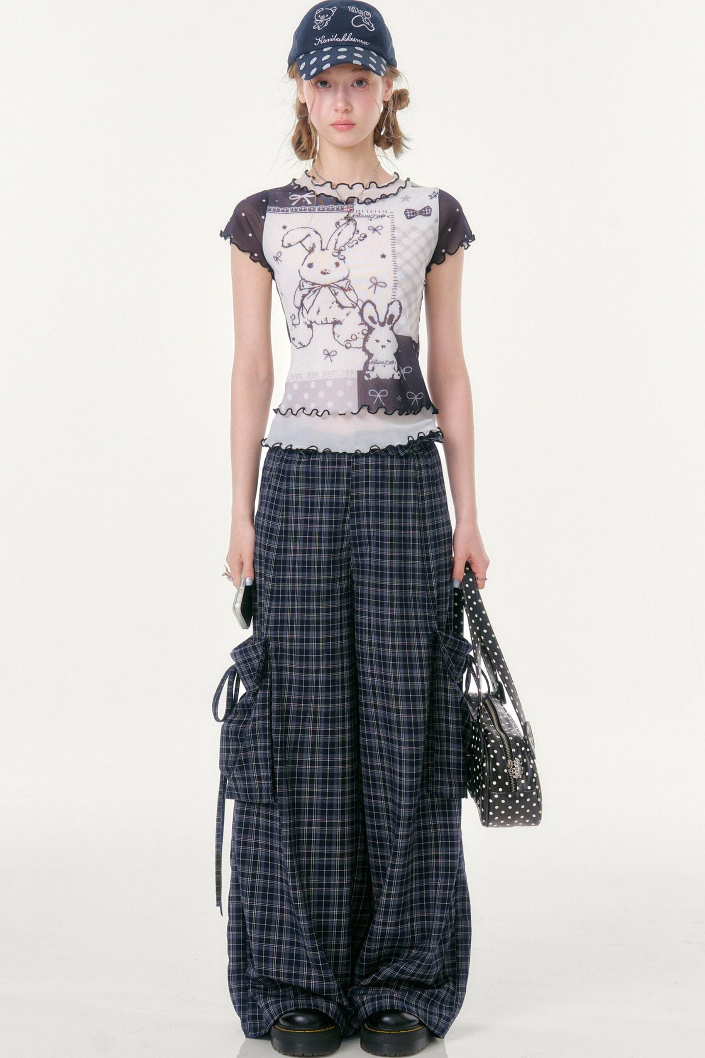 Dark Blue Plaid Wide-Leg Pants
