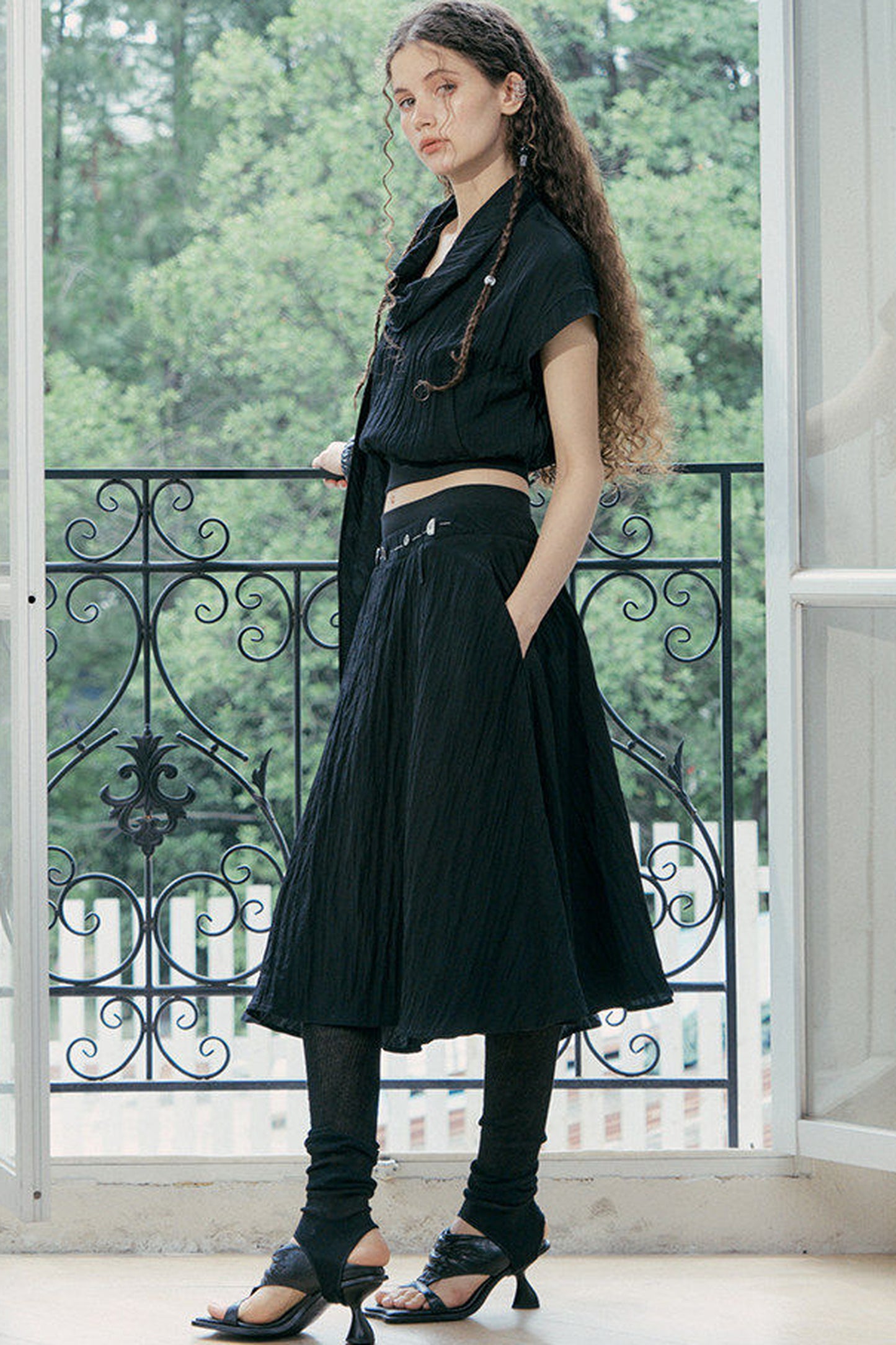 Drape Collar Short Sleeve Shirt With Tie