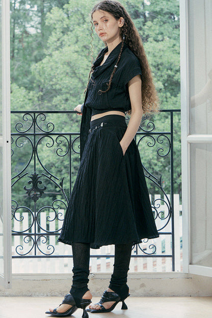Drape Collar Short Sleeve Shirt With Tie