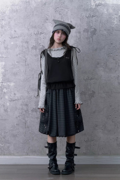 Black Gray Plaid Mid-Length Skirt Set-Up