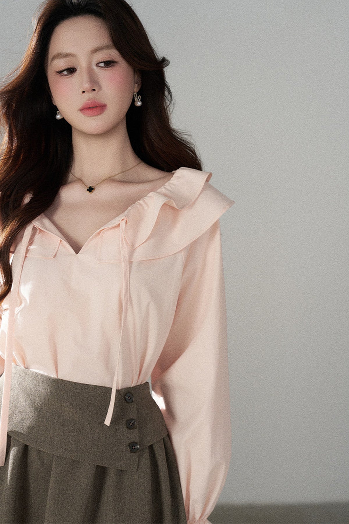 Pink Ruffle Collar Long-Sleeved Top and Skirt Set-Up