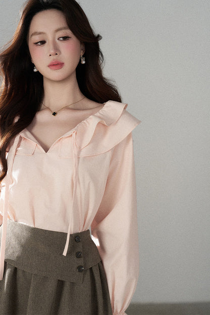 Pink Ruffle Collar Long-Sleeved Top and Skirt Set-Up