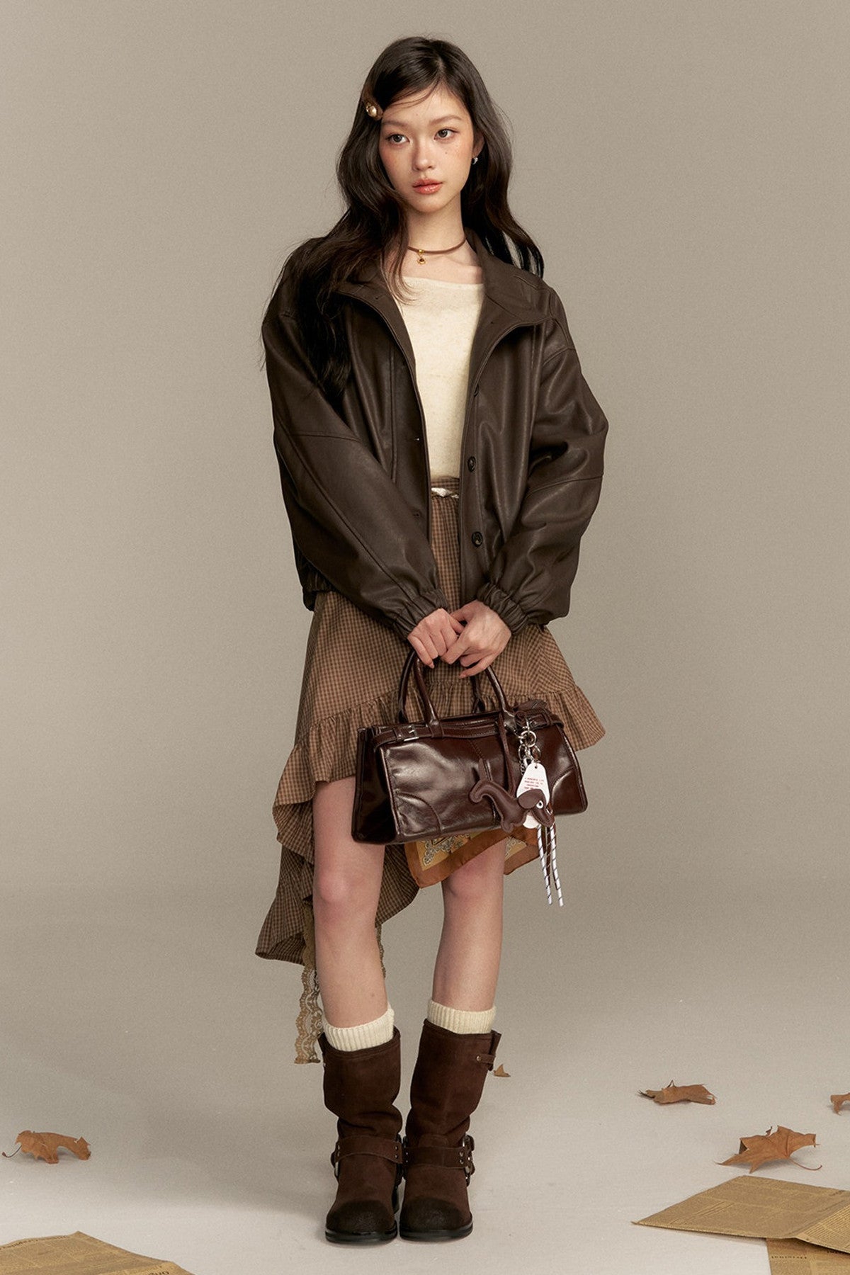 Barn Style Stand Collar Short Leather Jacket