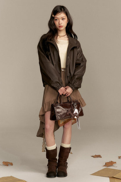 Barn Style Stand Collar Short Leather Jacket