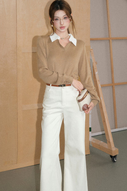 Light Camel Lapel Knit Top and White Pants Set-Up