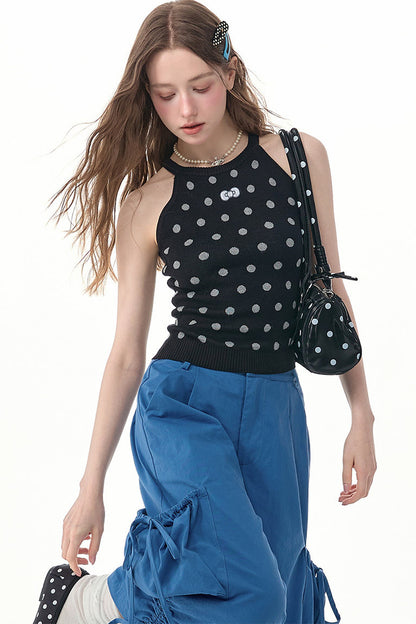 Top all’americana in maglia nero a pois