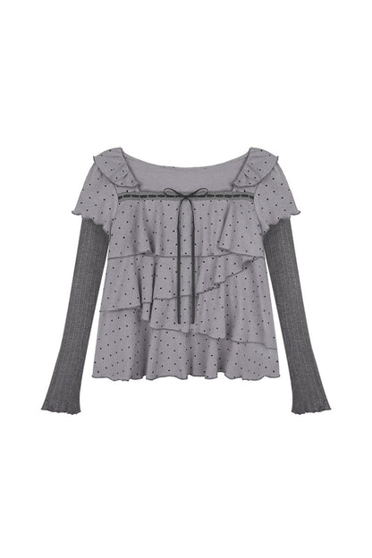 Long-Sleeved Gray-Purple Cake-Style Knit Top