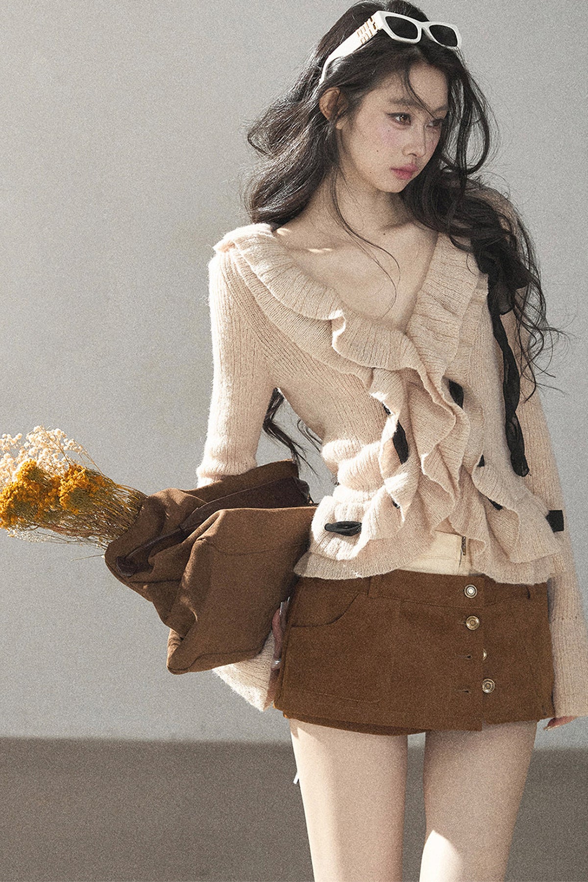 Pull court en maille à volants