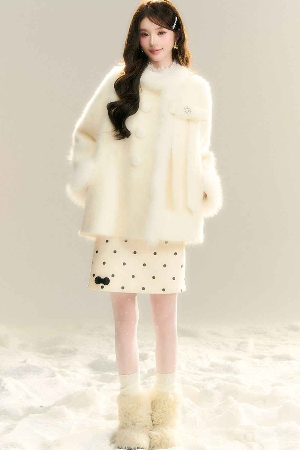 High-Waisted Drapey Polka Dot Woolen Skirt