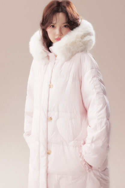 Long Heart Quilted Fur Collar Down Coat