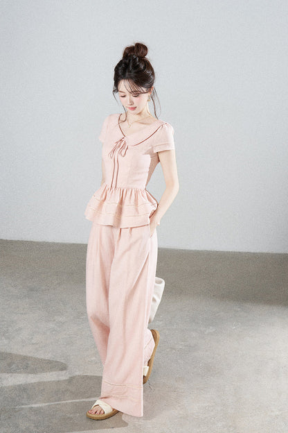 Ensemble chemise rose en Tencel à col Claudine et pantalon large