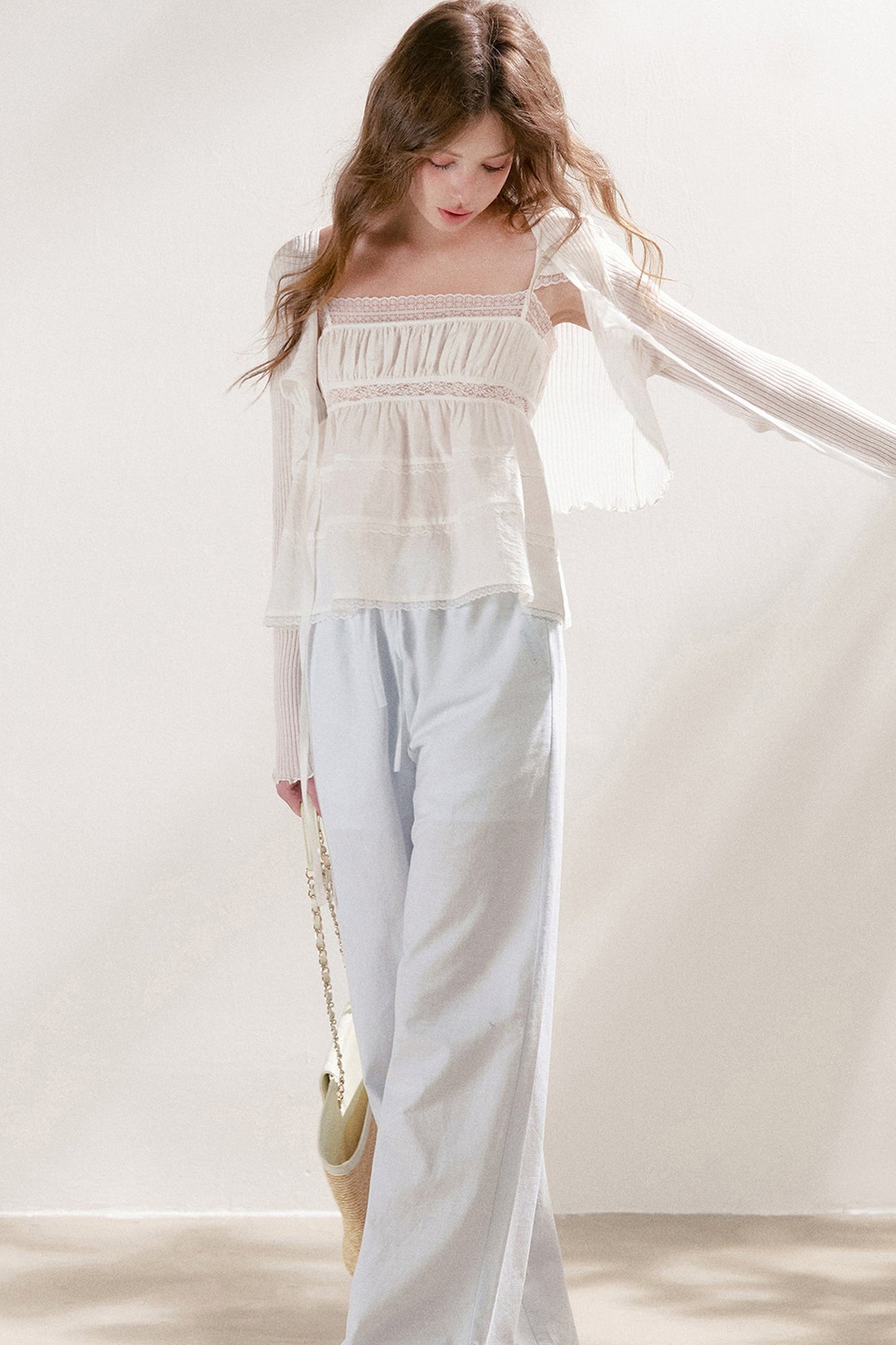 High-Waisted Linen Cotton Drawstring Wide-Leg Pants