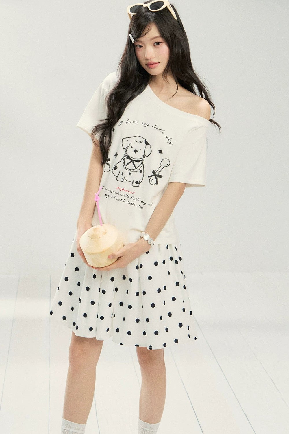White Puppy Print Off-Shoulder Tee