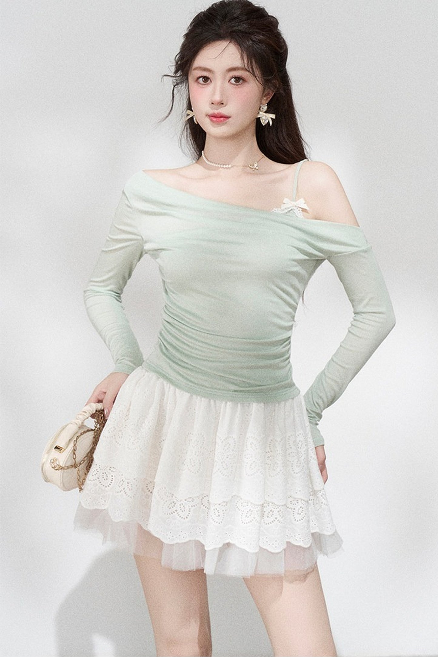 Green Off-Shoulder Pleated Knit Top and Skirt Set-Up
