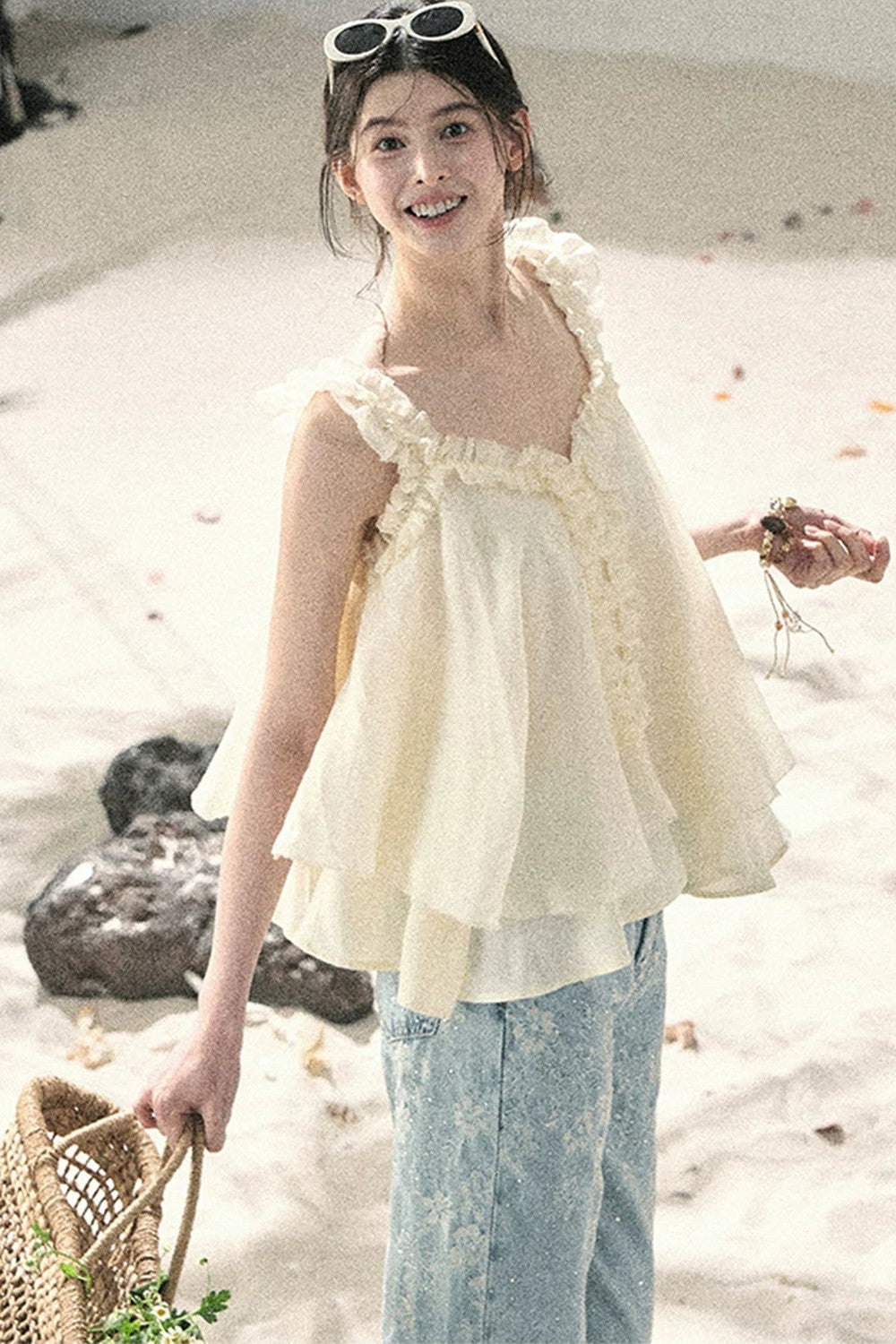 French Ruffled V-Neck Blouse