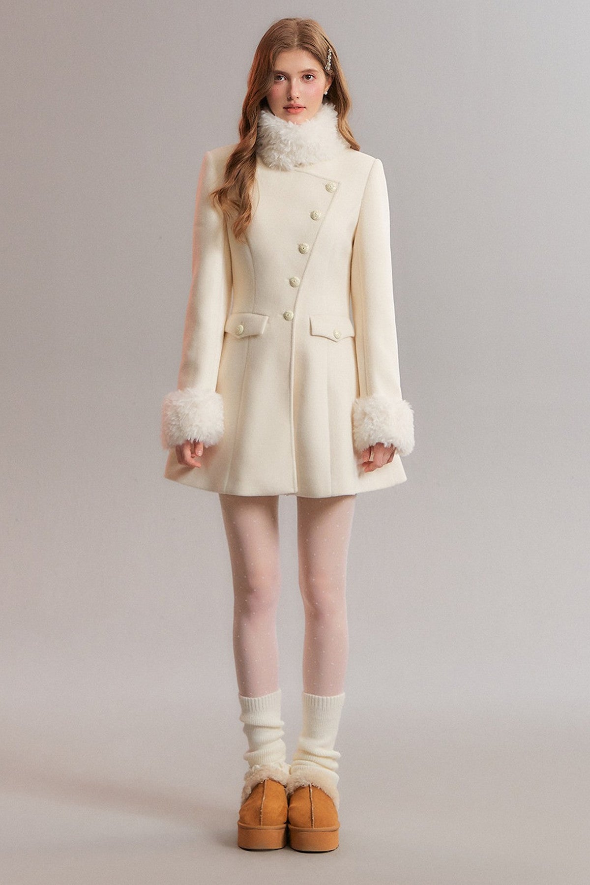 White Diagonal Collar Fur Stand Collar Coat