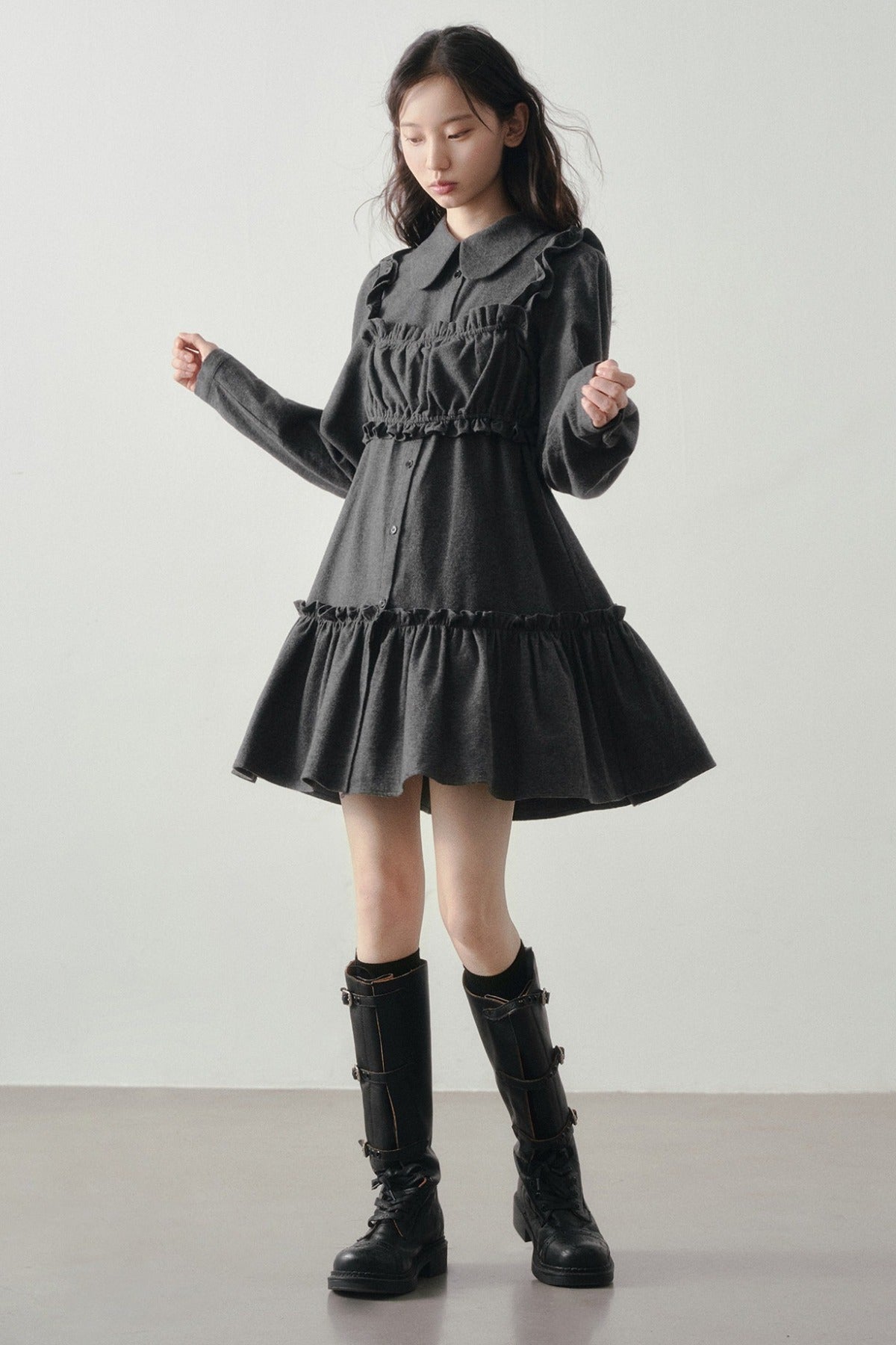 Misty Black Pleated Vest and Shirt Dress Set