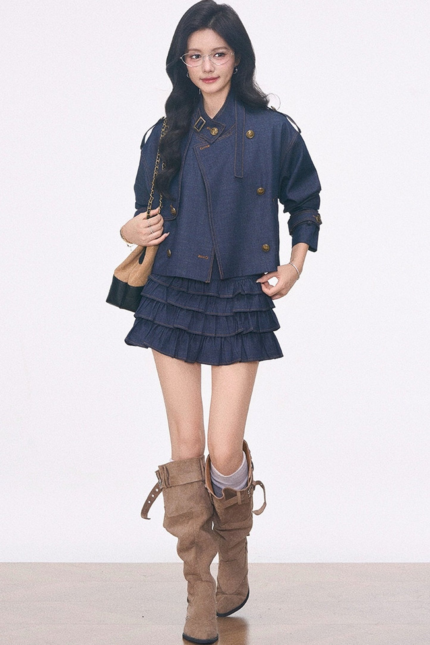 Imitation Denim Short Jacket and Cake Skirt Set