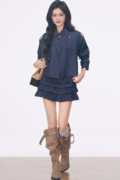 Imitation Denim Short Jacket and Cake Skirt Set