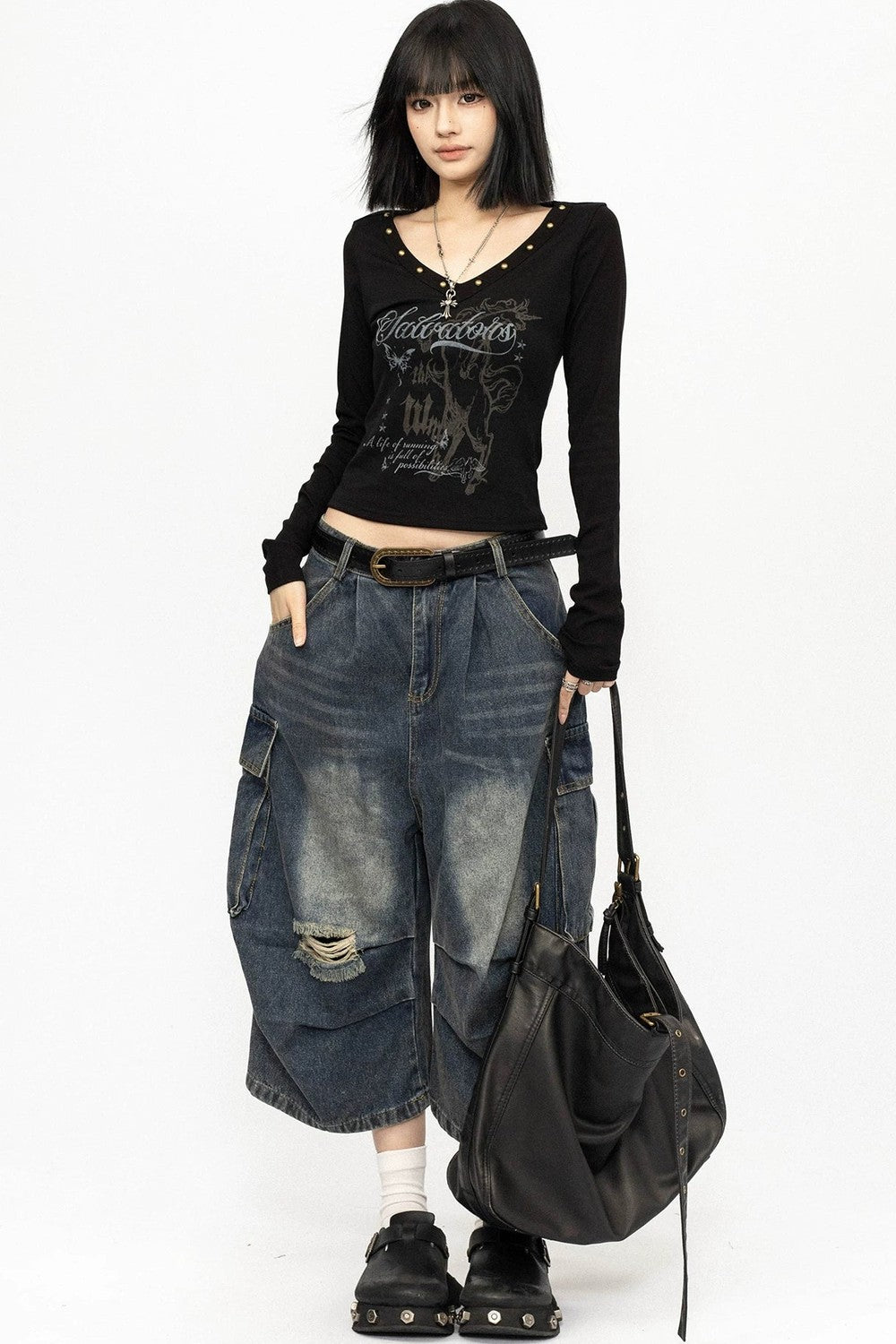 Black Studded V-Neck Long Sleeve Top