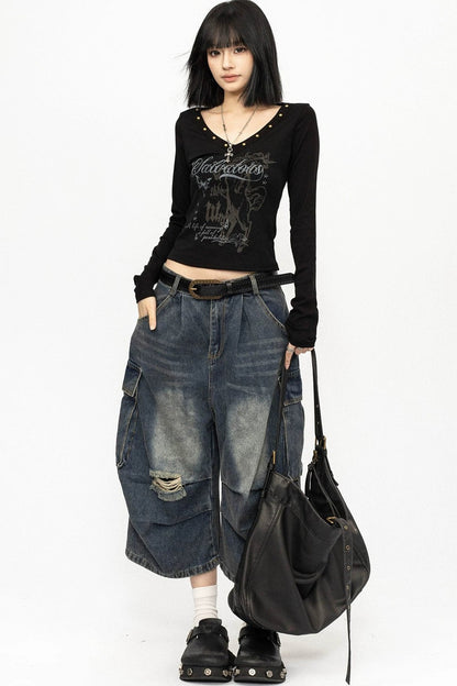 Black Studded V-Neck Long Sleeve Top
