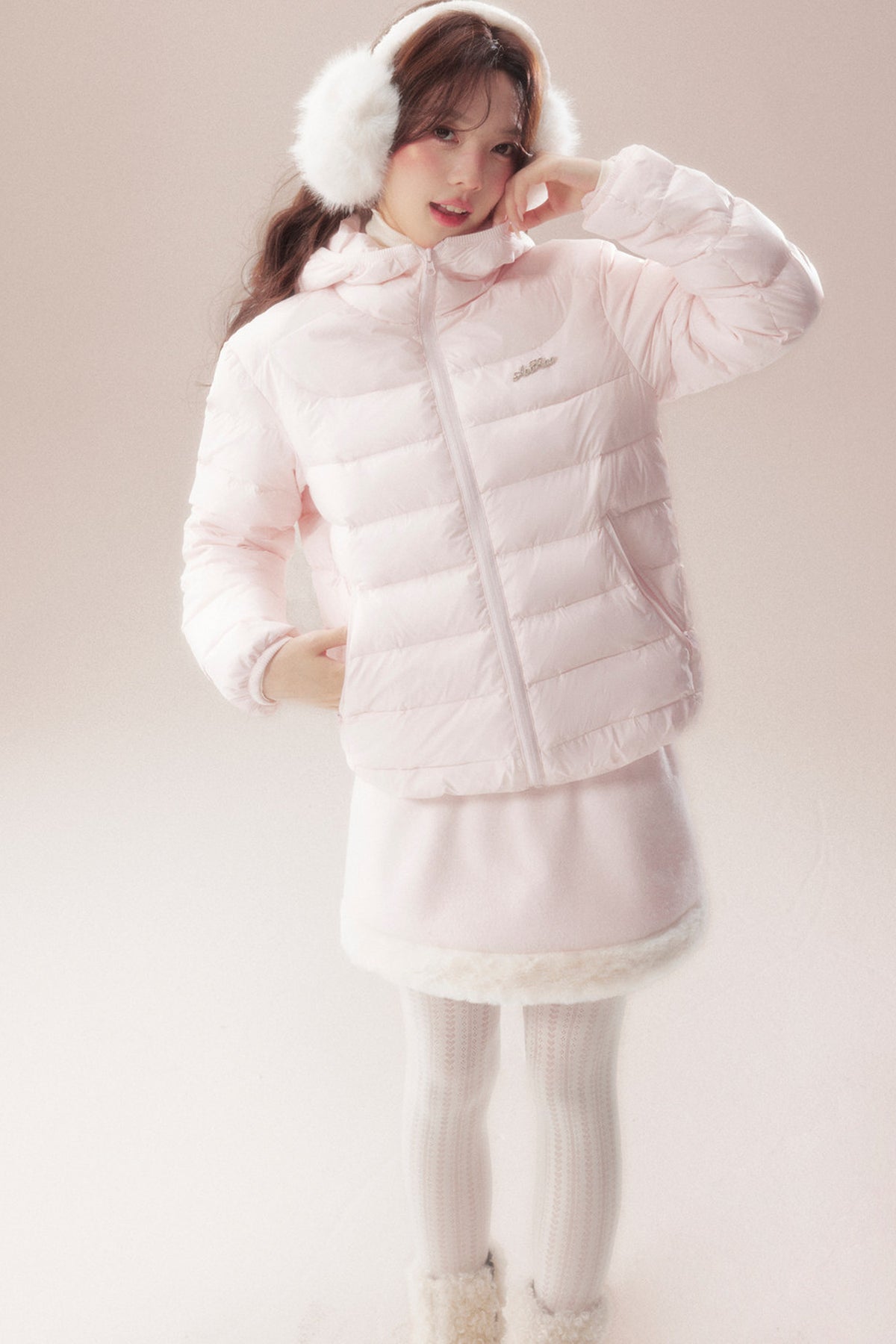 Hooded Logo Ribbed Down Jacket