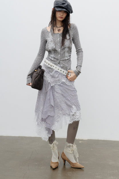 Lace Applique Knitted Halter T-Shirt