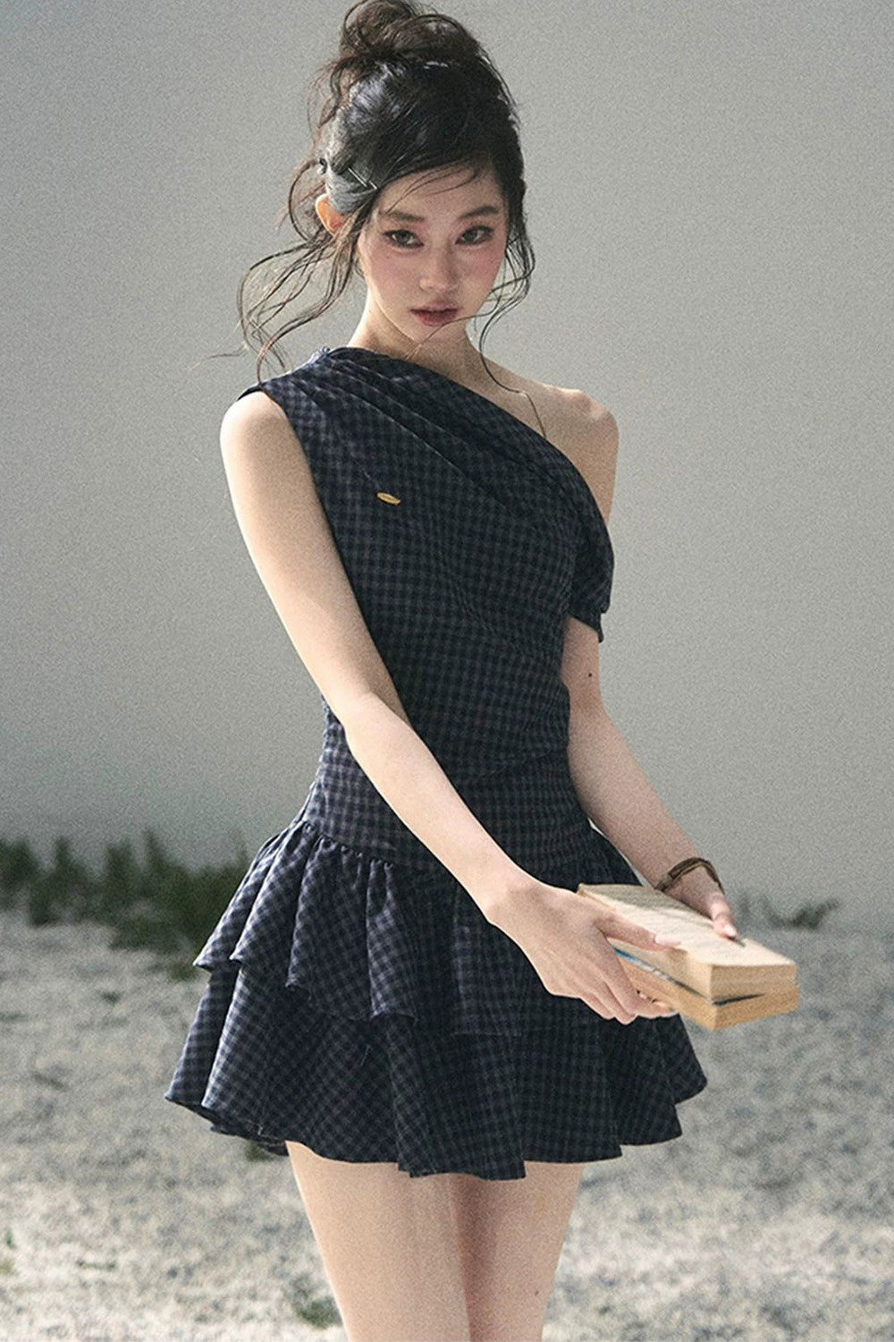 Moonlight Plaid Off-Shoulder Dress
