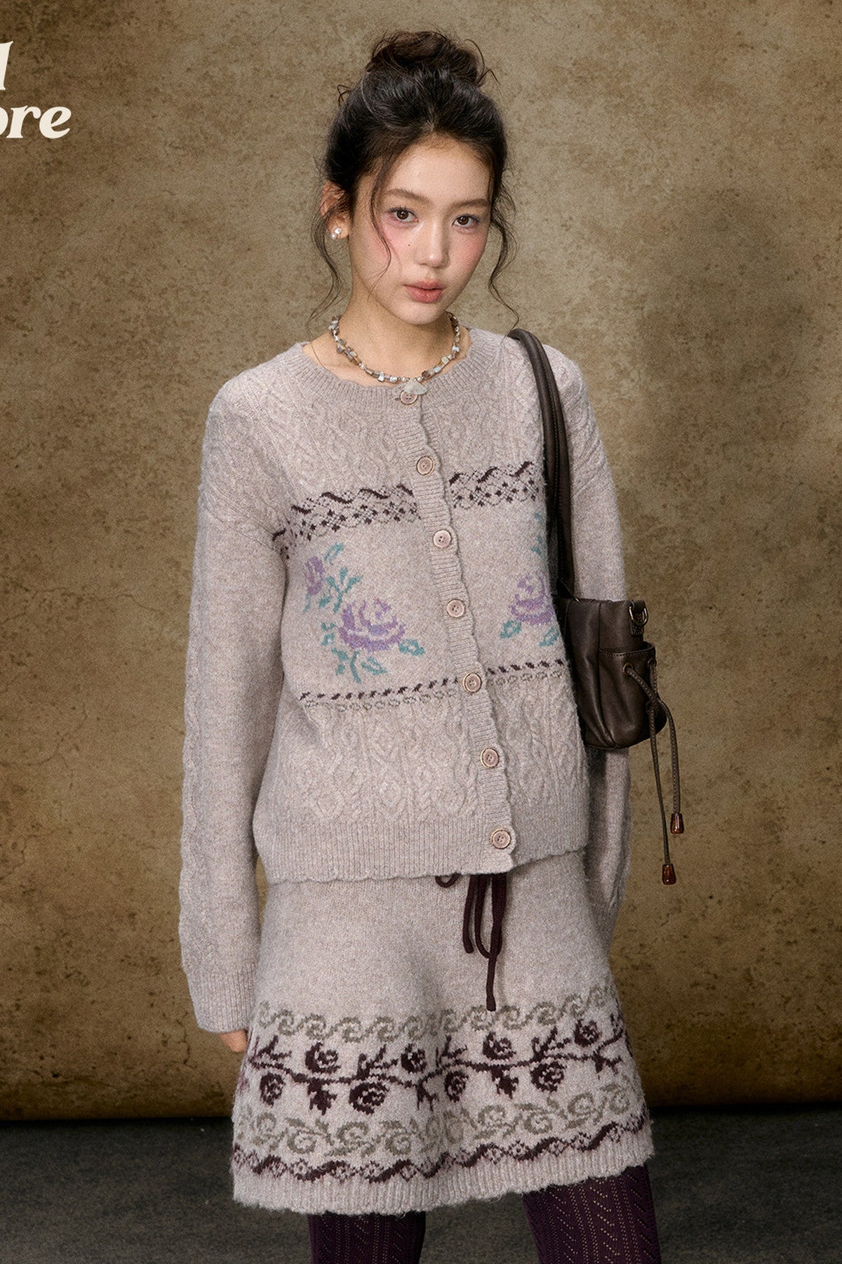 High-Waisted Floral Jacquard Knit A-Line Drawstring Skirt Set-Up