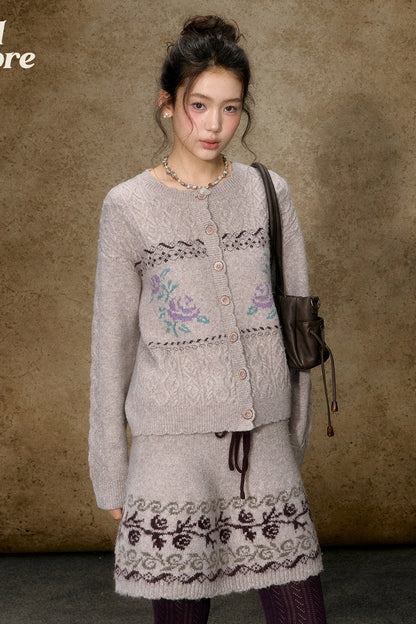 High-Waisted Floral Jacquard Knit A-Line Drawstring Skirt Set-Up