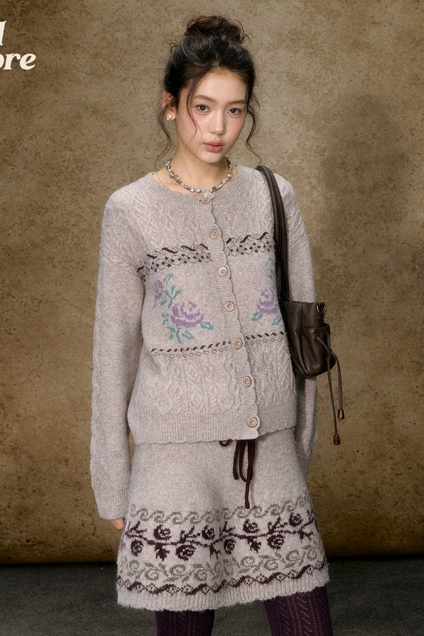 High-Waisted Floral Jacquard Knit A-Line Drawstring Skirt Set-Up