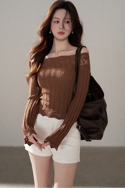 Off-Shoulder Lace Hollow-Out Knit Pullover