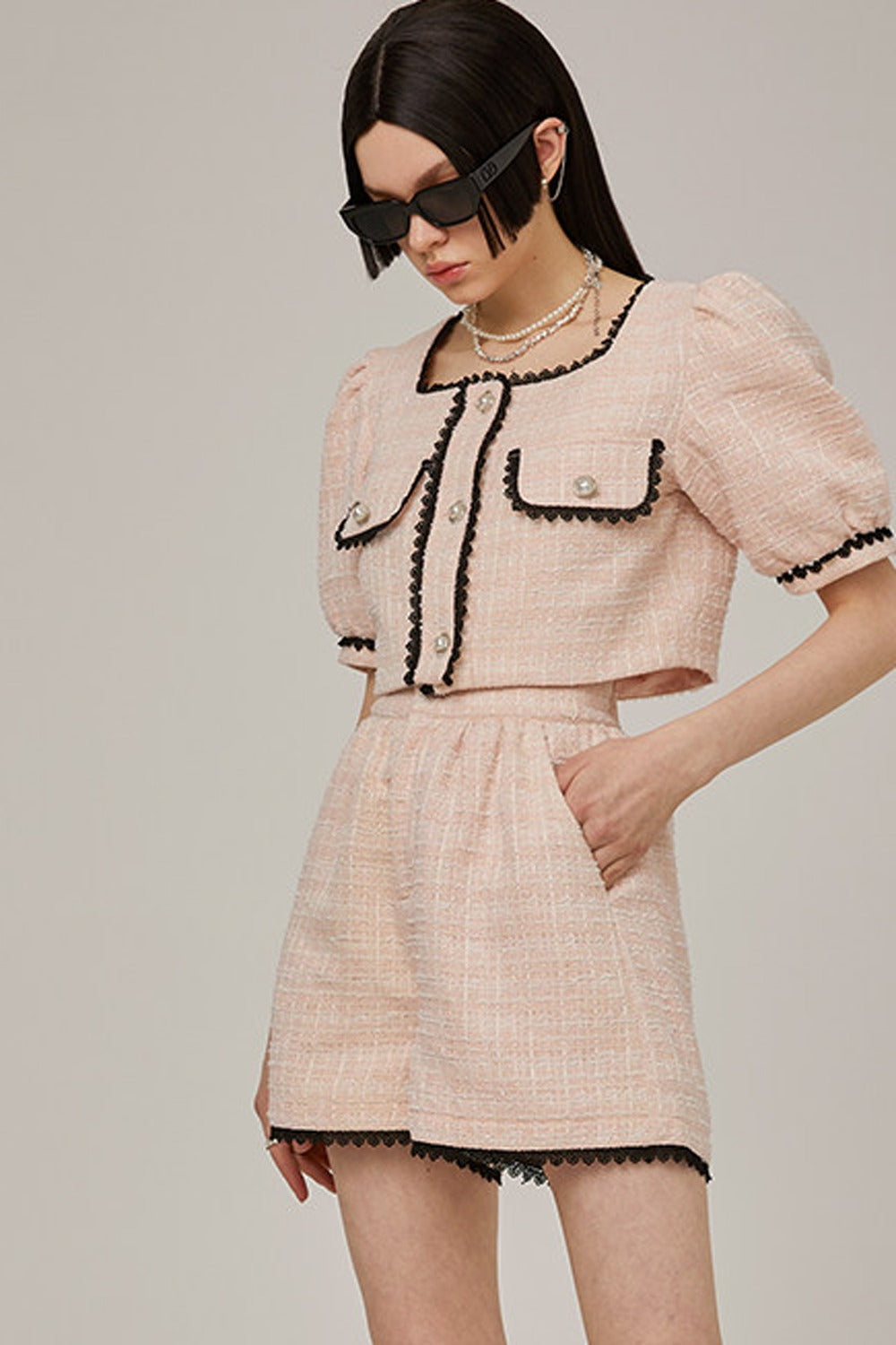 High-Waisted Lace Trim Tweed Shorts