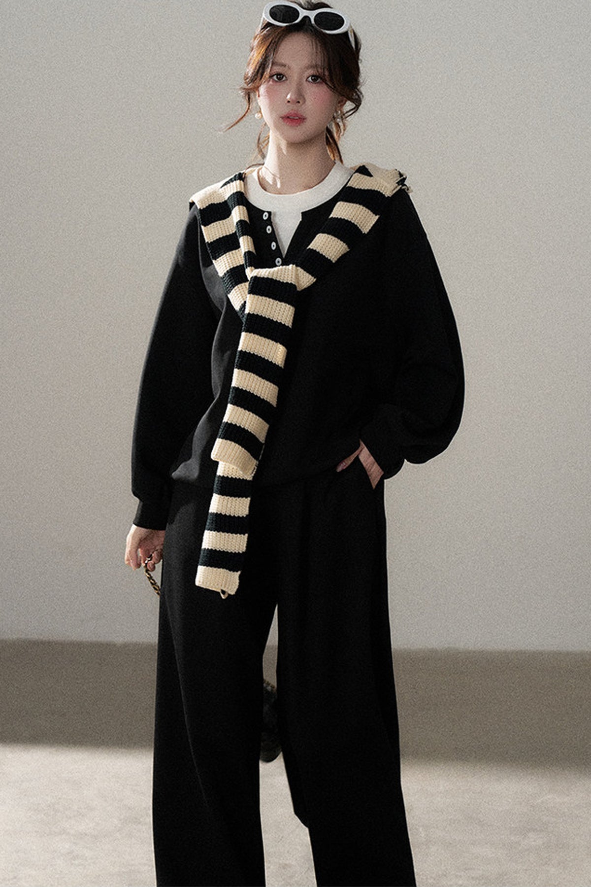 Hooded Shawl Sweatshirt and Wide-Leg Pants Set-Up