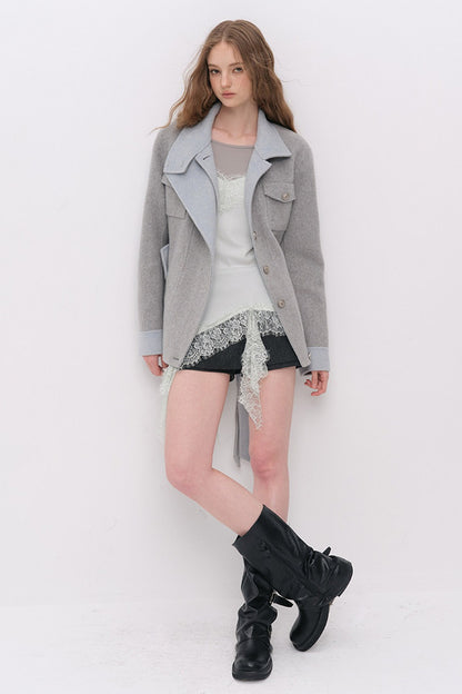 Belted Stand Collar Wool Coat