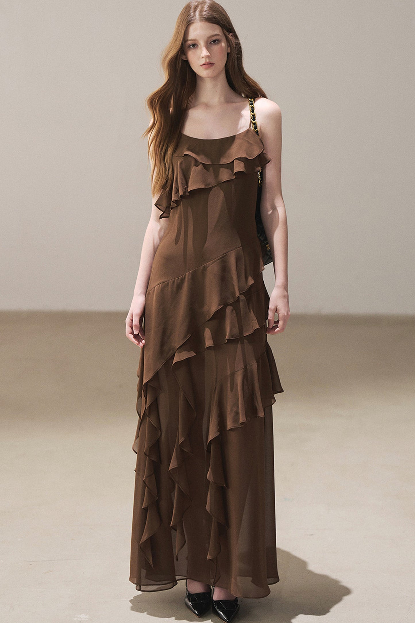 Beige Blazer With Brown Ruffle Spaghetti Strap Dress Set-Up