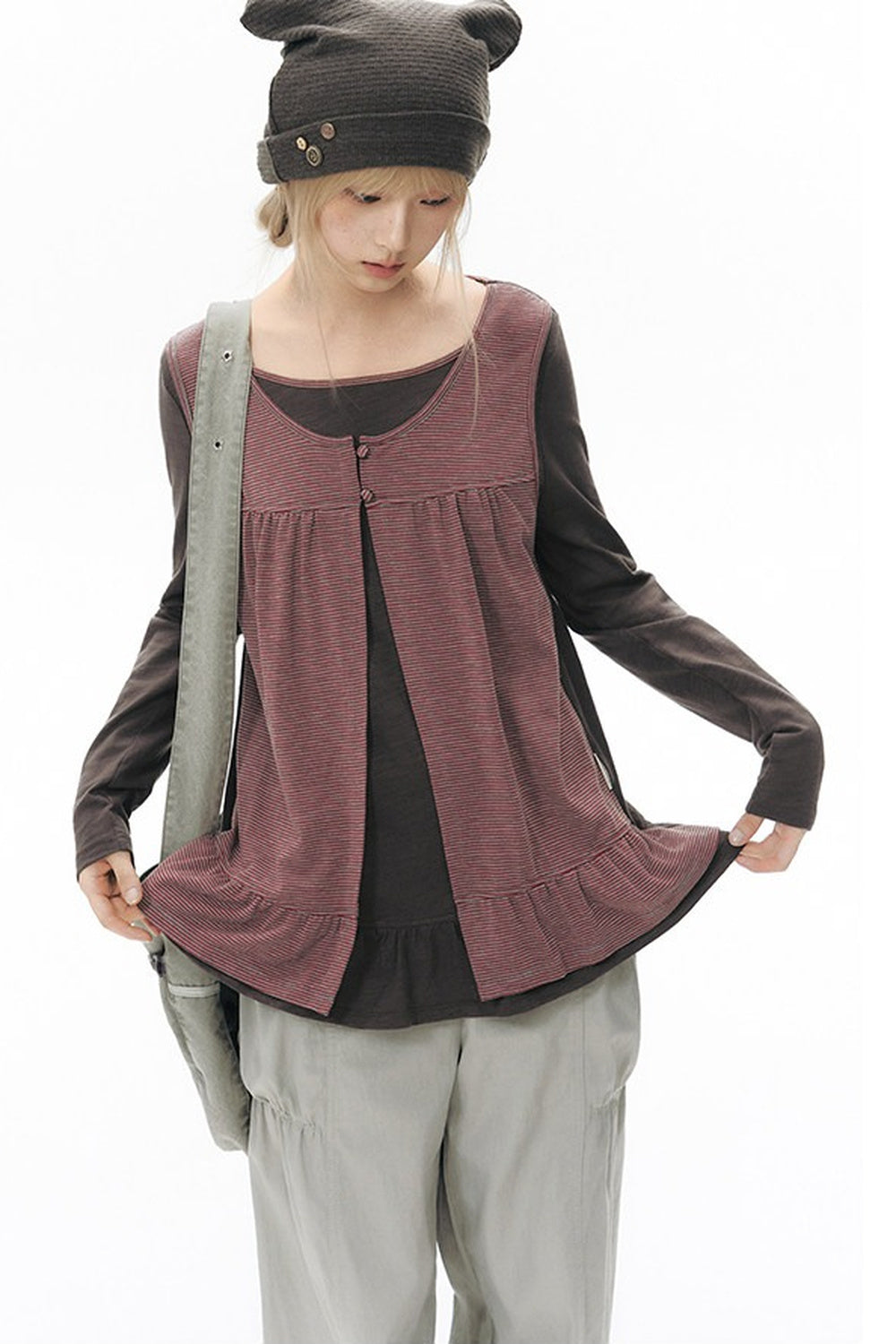 Striped Knit Patchwork Long-Sleeve Top
