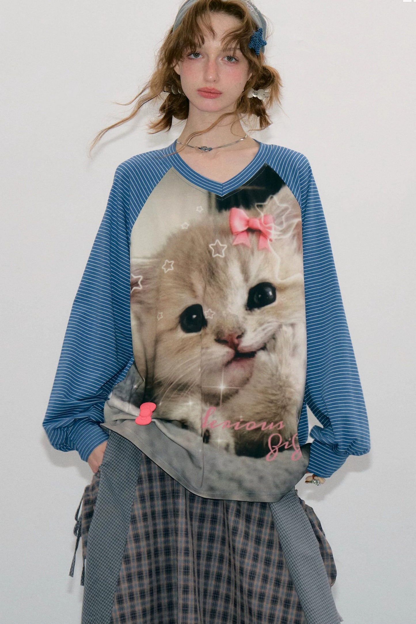 Cat Print Raglan Long Sleeve T-Shirt