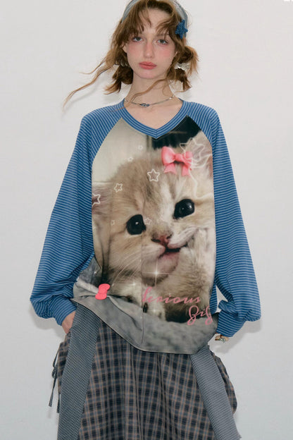 Cat Print Raglan Long Sleeve T-Shirt