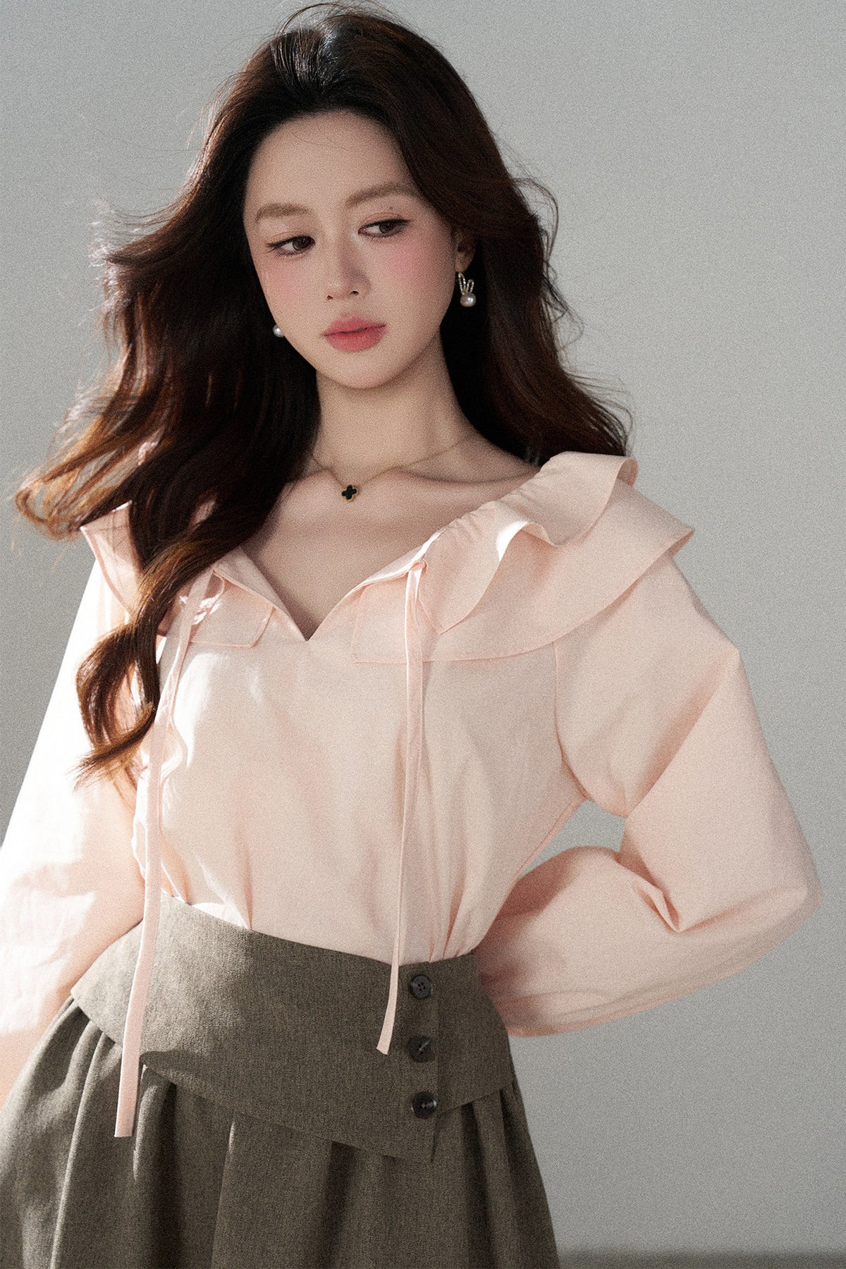 Pink Ruffle Collar Long-Sleeved Top and Skirt Set-Up