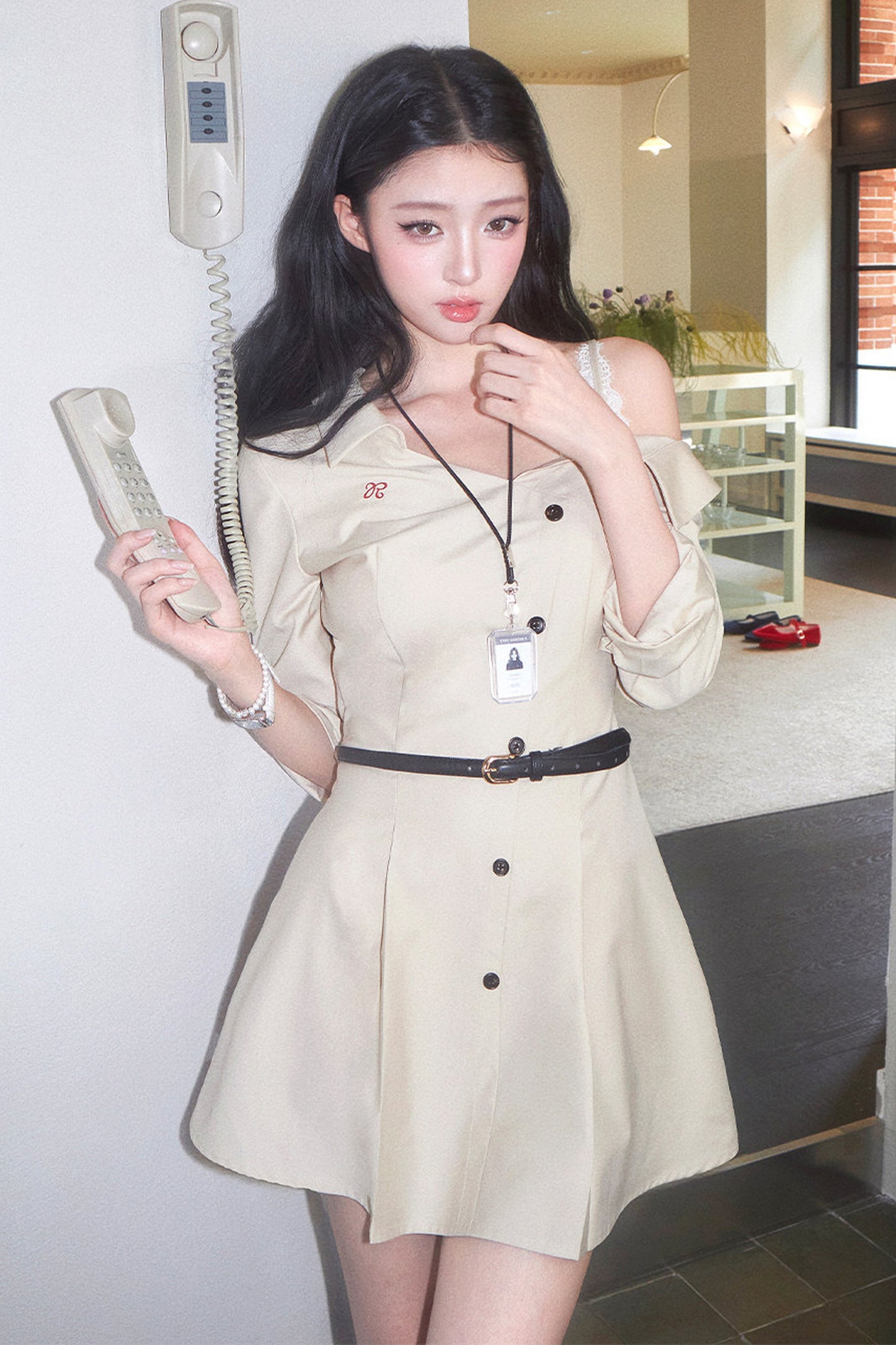 Layered-Look Long-Sleeve Turn-Down Collar Dress