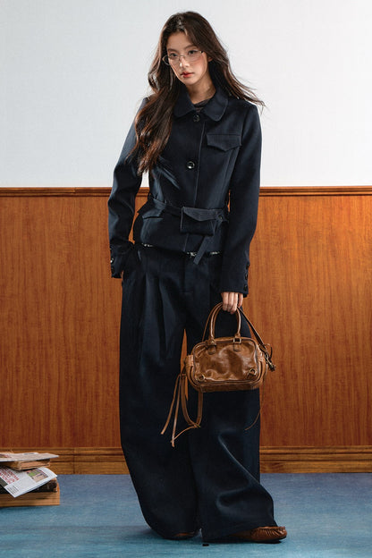 American Retro Lapel Top and Wide-Leg Pants Set-Up