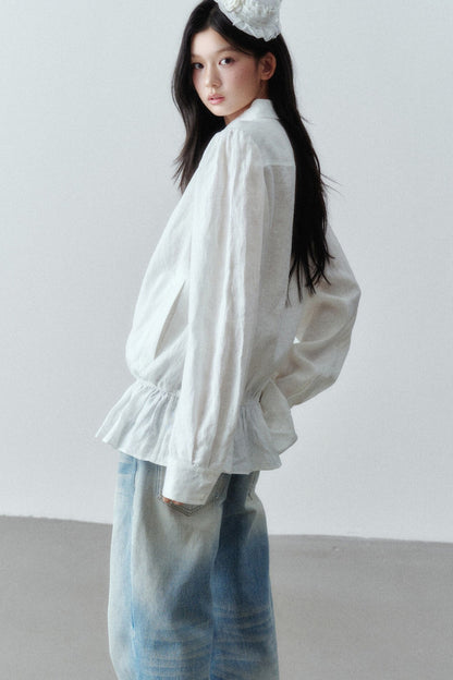 Low-Waist Ruffle Linen Shirt