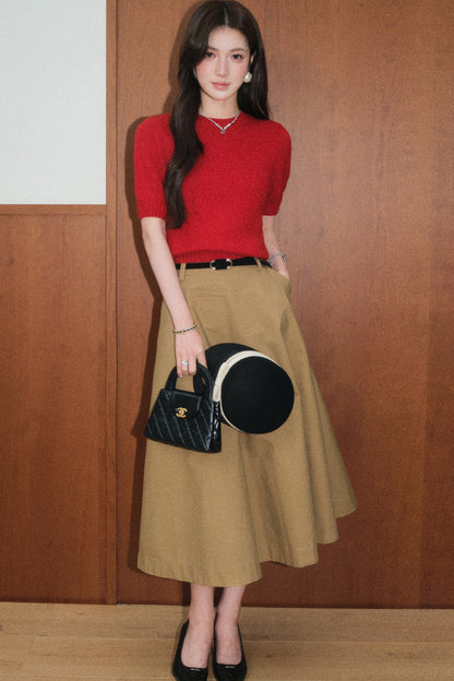 Red Wool Pullover and Retro A-Line Skirt Set-Up
